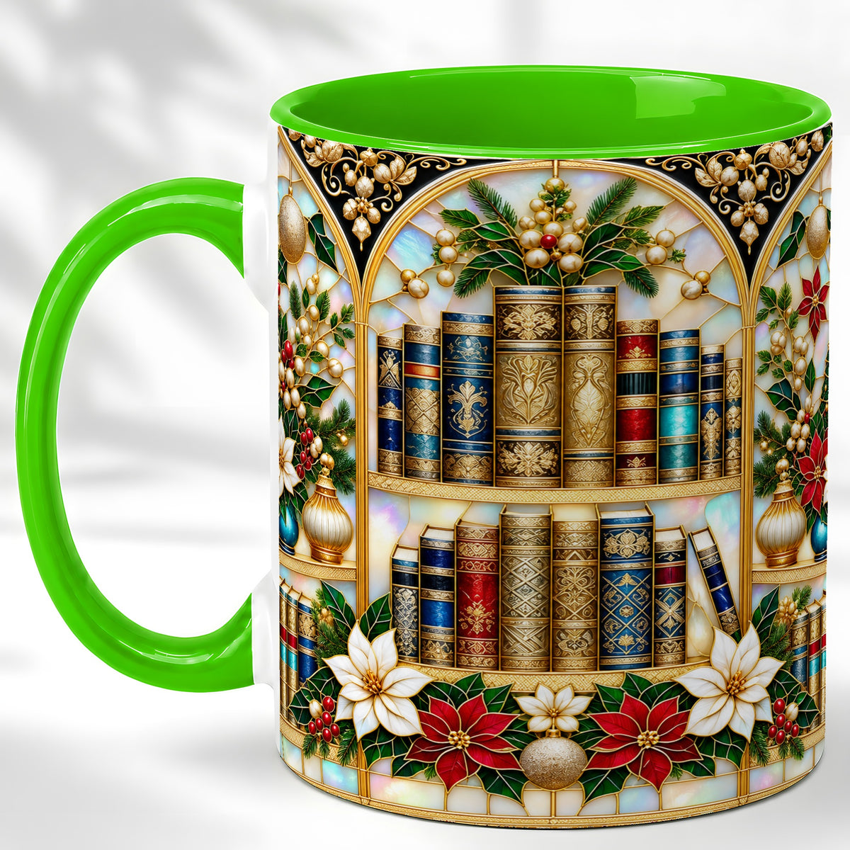 #pl[11oz|Green] Christmas Library Coffee Mug, Holiday Books Mug, Ceramic Cup