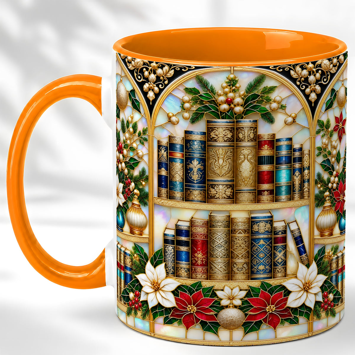 #pl[11oz|Orange] Christmas Library Coffee Mug, Holiday Books Mug, Ceramic Cup