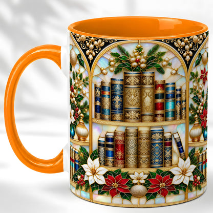 #pl[11oz|Orange] Christmas Library Coffee Mug, Holiday Books Mug, Ceramic Cup