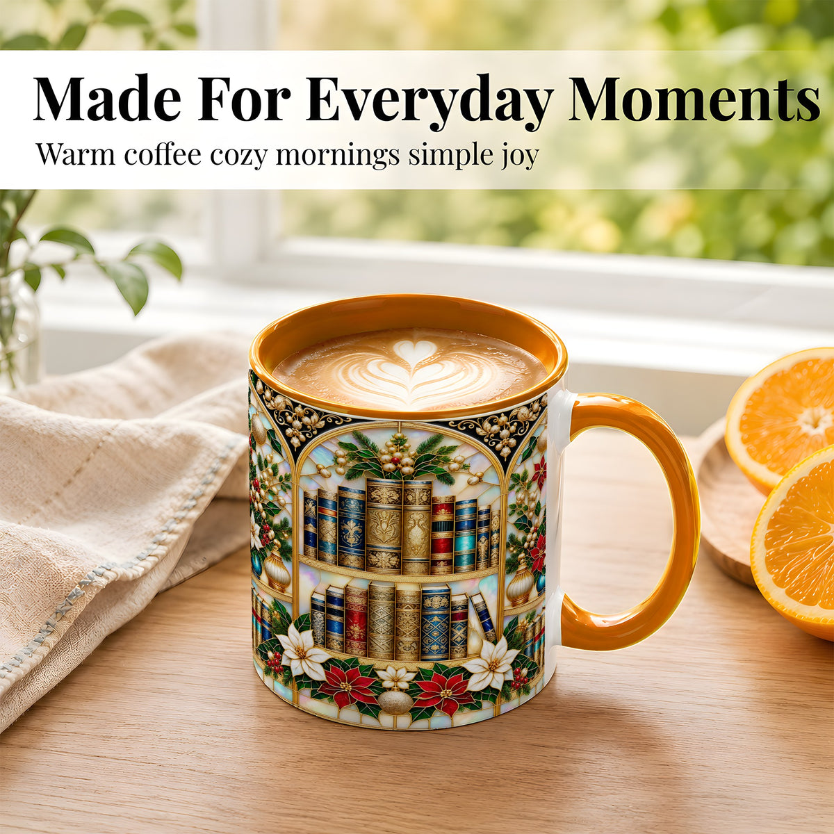 #pl[11oz|Orange] Christmas Library Coffee Mug, Holiday Books Mug, Ceramic Cup