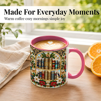 #pl[11oz|Pink] Christmas Library Coffee Mug, Holiday Books Mug, Ceramic Cup