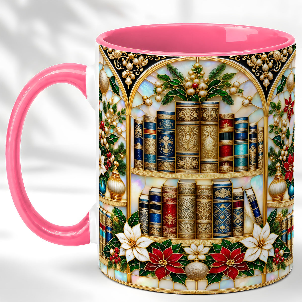 #pl[11oz|Pink] Christmas Library Coffee Mug, Holiday Books Mug, Ceramic Cup