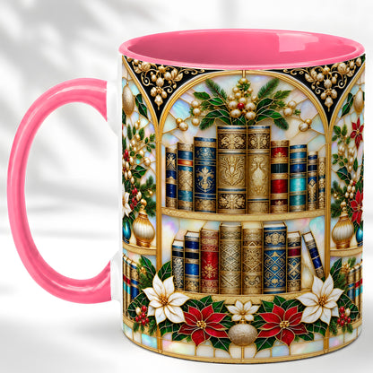 #pl[11oz|Pink] Christmas Library Coffee Mug, Holiday Books Mug, Ceramic Cup