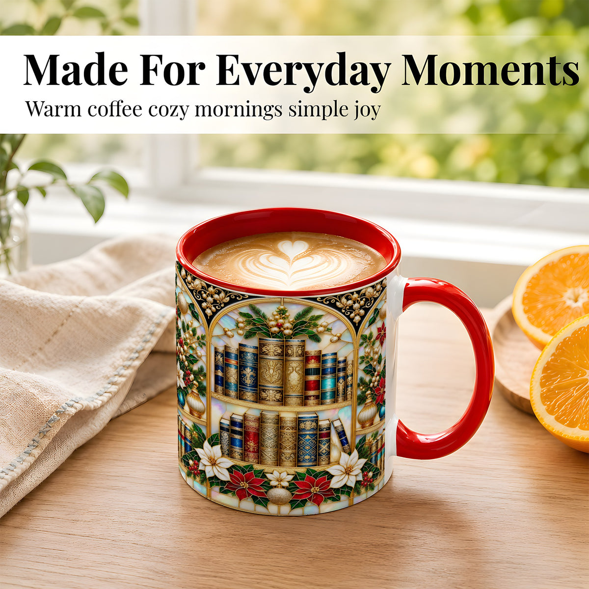 #pl[11oz|Red] Christmas Library Coffee Mug, Holiday Books Mug, Ceramic Cup