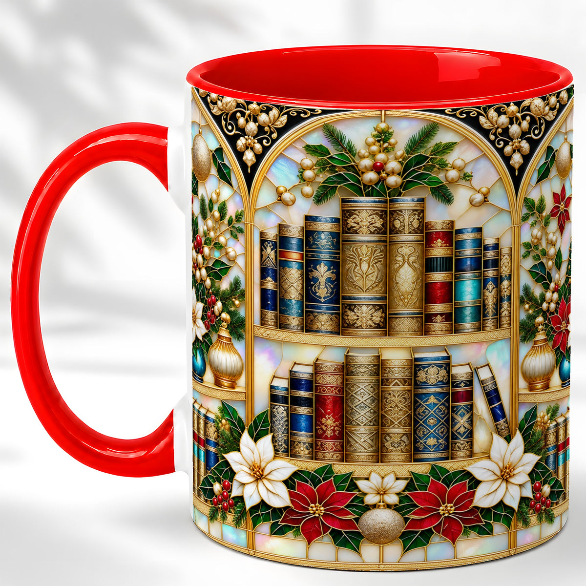 Christmas Library Coffee Mug, Holiday Books Mug, Ceramic Cup