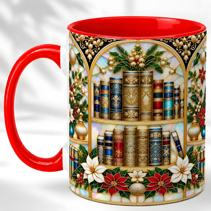 Christmas Library Coffee Mug, Holiday Books Mug, Ceramic Cup