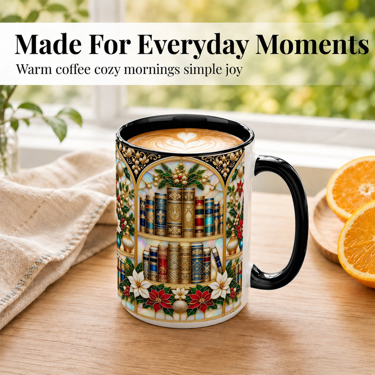 #pl[15oz|Black] Christmas Library Coffee Mug, Holiday Books Mug, Ceramic Cup