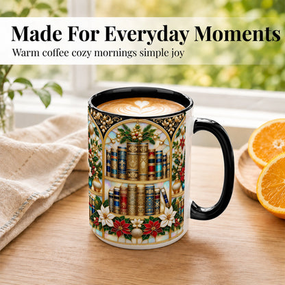 #pl[15oz|Black] Christmas Library Coffee Mug, Holiday Books Mug, Ceramic Cup
