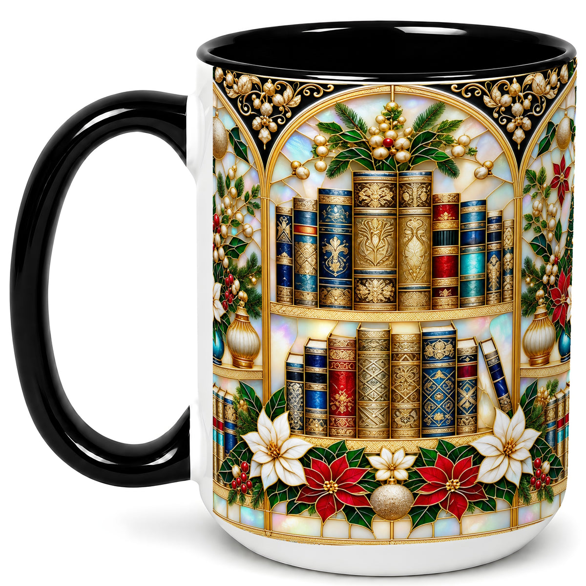 #pl[15oz|Black] Christmas Library Coffee Mug, Holiday Books Mug, Ceramic Cup