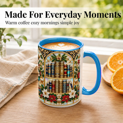 #pl[15oz|Blue] Christmas Library Coffee Mug, Holiday Books Mug, Ceramic Cup