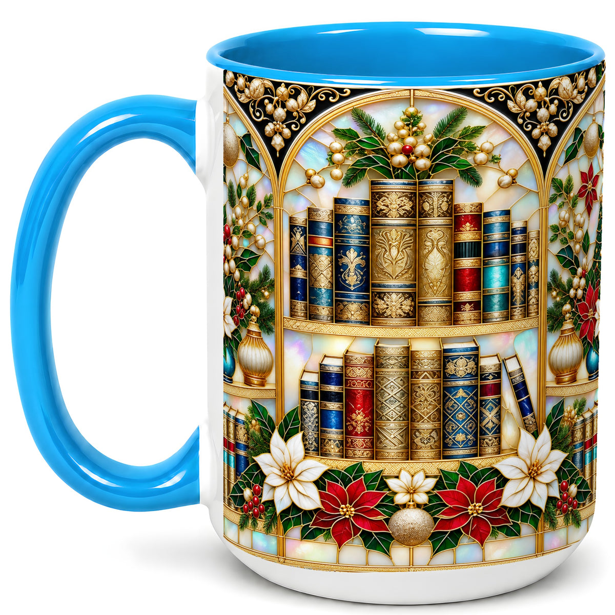 #pl[15oz|Blue] Christmas Library Coffee Mug, Holiday Books Mug, Ceramic Cup