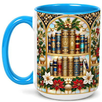 #pl[15oz|Blue] Christmas Library Coffee Mug, Holiday Books Mug, Ceramic Cup