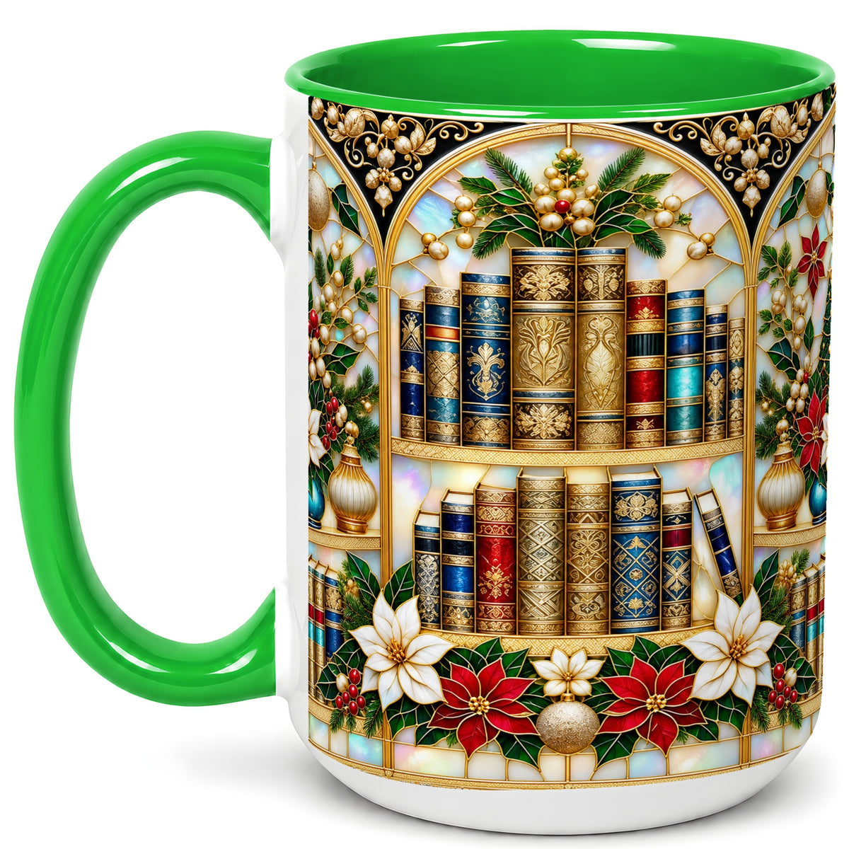 #pl[15oz|Green] Christmas Library Coffee Mug, Holiday Books Mug, Ceramic Cup