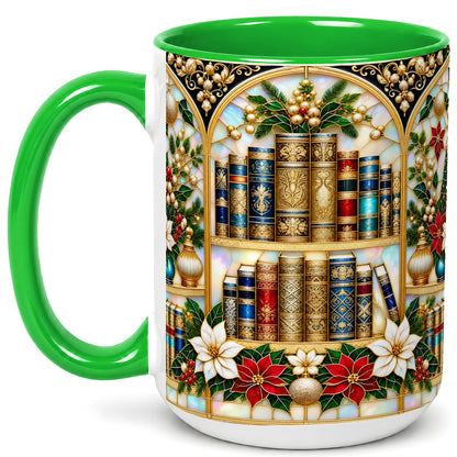 #pl[15oz|Green] Christmas Library Coffee Mug, Holiday Books Mug, Ceramic Cup