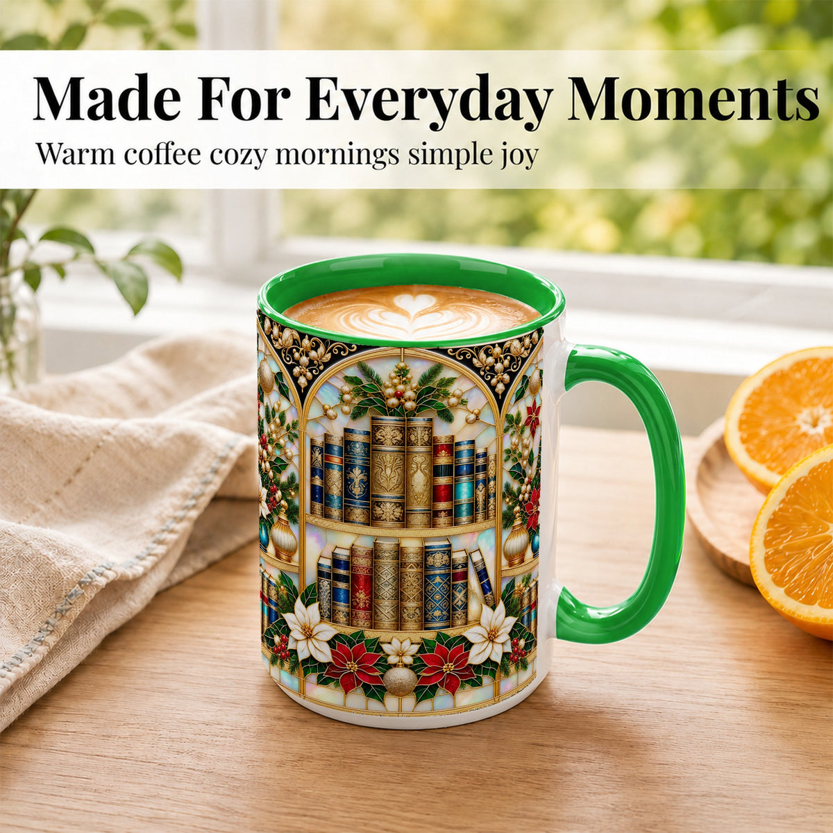 #pl[15oz|Green] Christmas Library Coffee Mug, Holiday Books Mug, Ceramic Cup