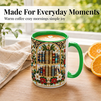 #pl[15oz|Green] Christmas Library Coffee Mug, Holiday Books Mug, Ceramic Cup