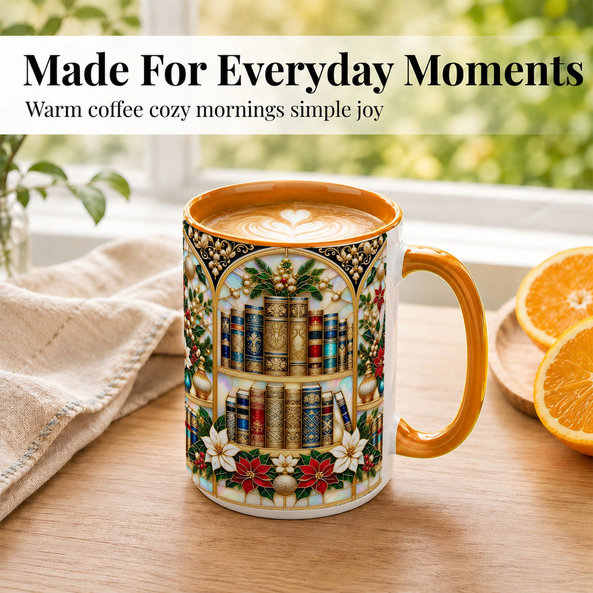 #pl[15oz|Orange] Christmas Library Coffee Mug, Holiday Books Mug, Ceramic Cup