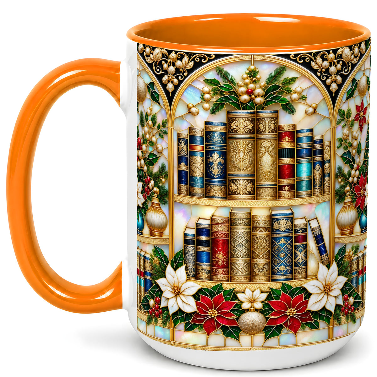 #pl[15oz|Orange] Christmas Library Coffee Mug, Holiday Books Mug, Ceramic Cup