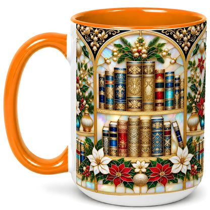 #pl[15oz|Orange] Christmas Library Coffee Mug, Holiday Books Mug, Ceramic Cup