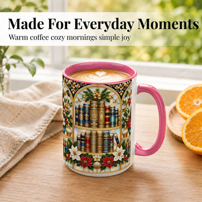#pl[15oz|Pink] Christmas Library Coffee Mug, Holiday Books Mug, Ceramic Cup