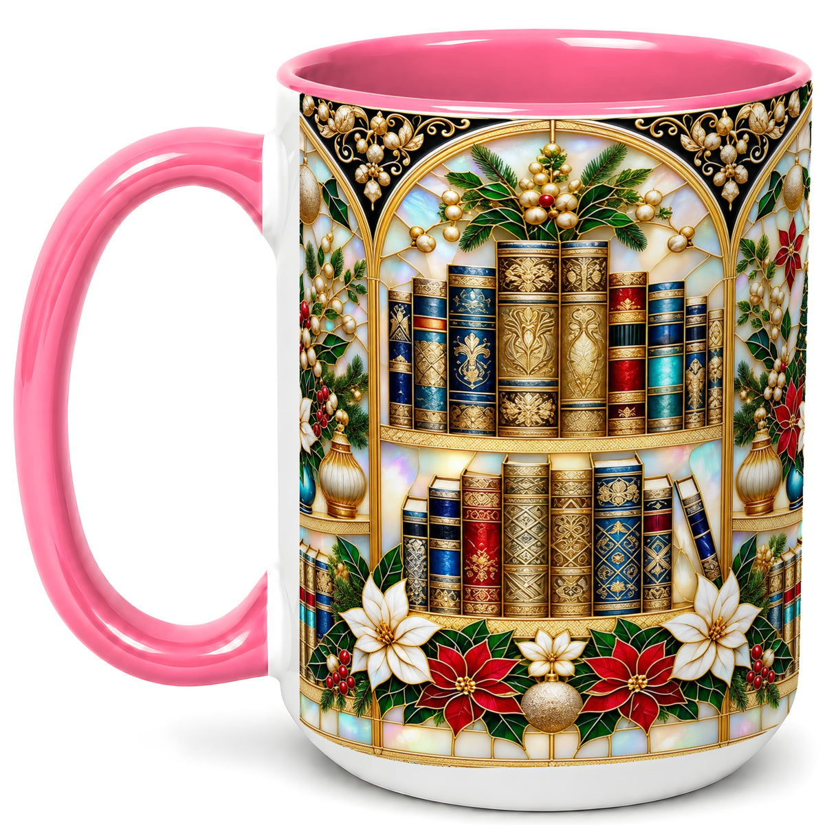 #pl[15oz|Pink] Christmas Library Coffee Mug, Holiday Books Mug, Ceramic Cup