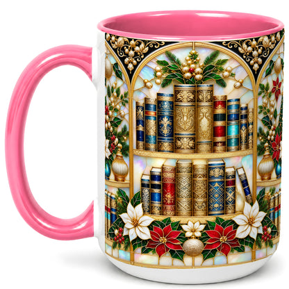 #pl[15oz|Pink] Christmas Library Coffee Mug, Holiday Books Mug, Ceramic Cup