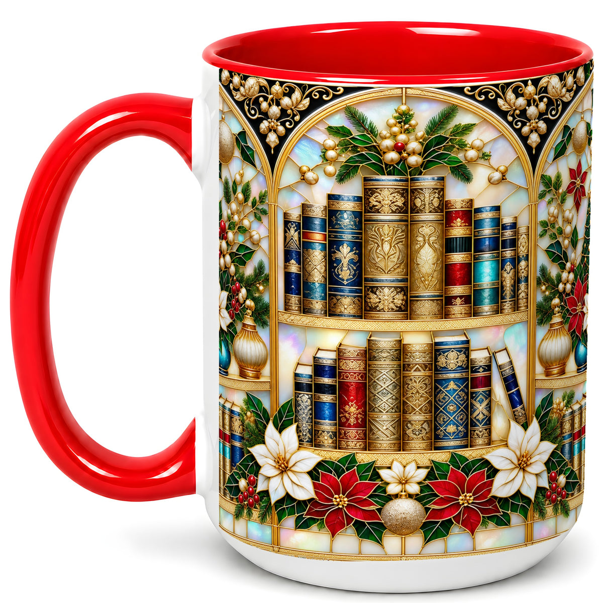 #pl[15oz|Red] Christmas Library Coffee Mug, Holiday Books Mug, Ceramic Cup