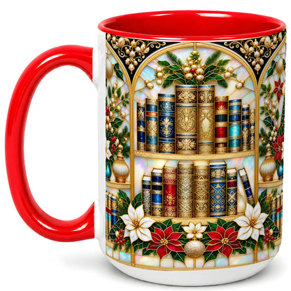 #pl[15oz|Red] Christmas Library Coffee Mug, Holiday Books Mug, Ceramic Cup