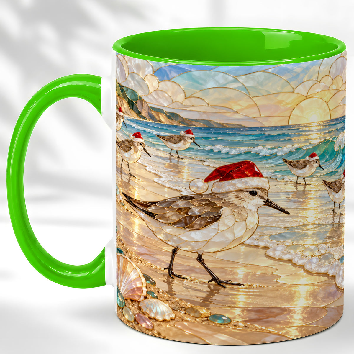 #pl[11oz|Green] Santa Shorebird Coffee Mug, Coastal Bird Mug, Ceramic Cup