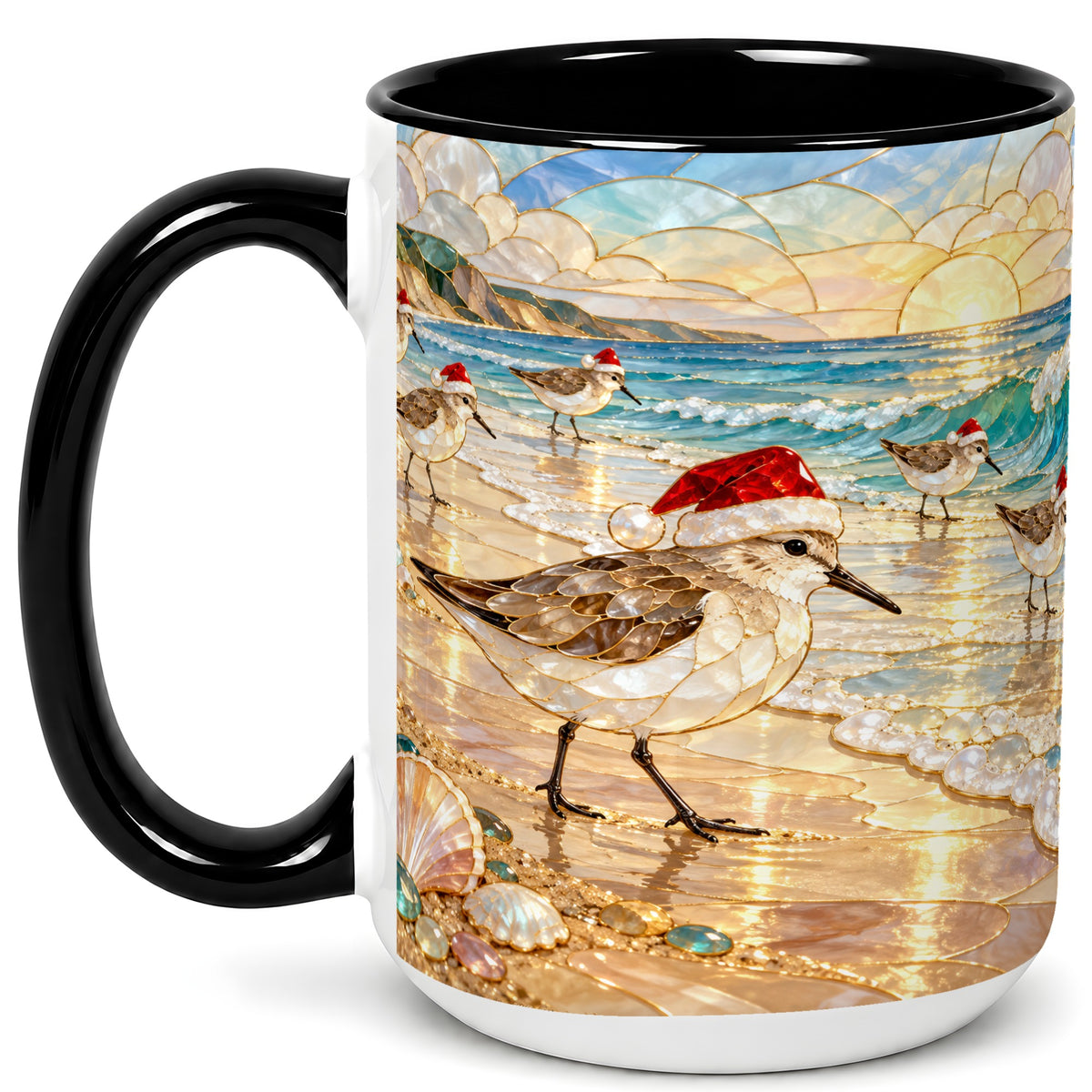 #pl[15oz|Black] Santa Shorebird Coffee Mug, Coastal Bird Mug, Ceramic Cup