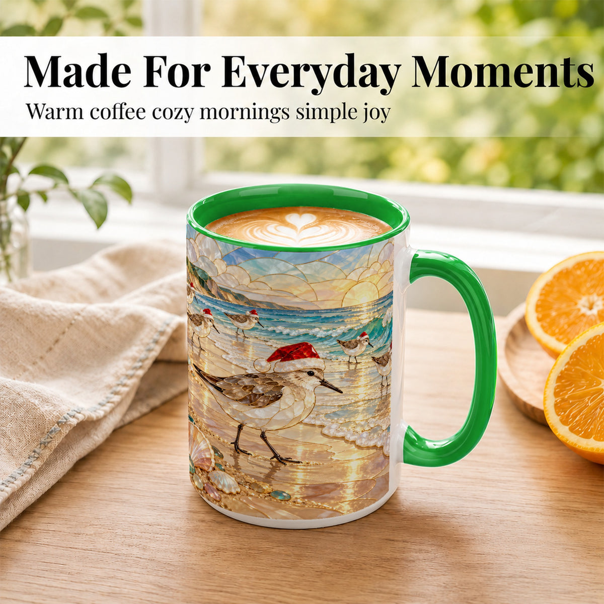 #pl[15oz|Green] Santa Shorebird Coffee Mug, Coastal Bird Mug, Ceramic Cup