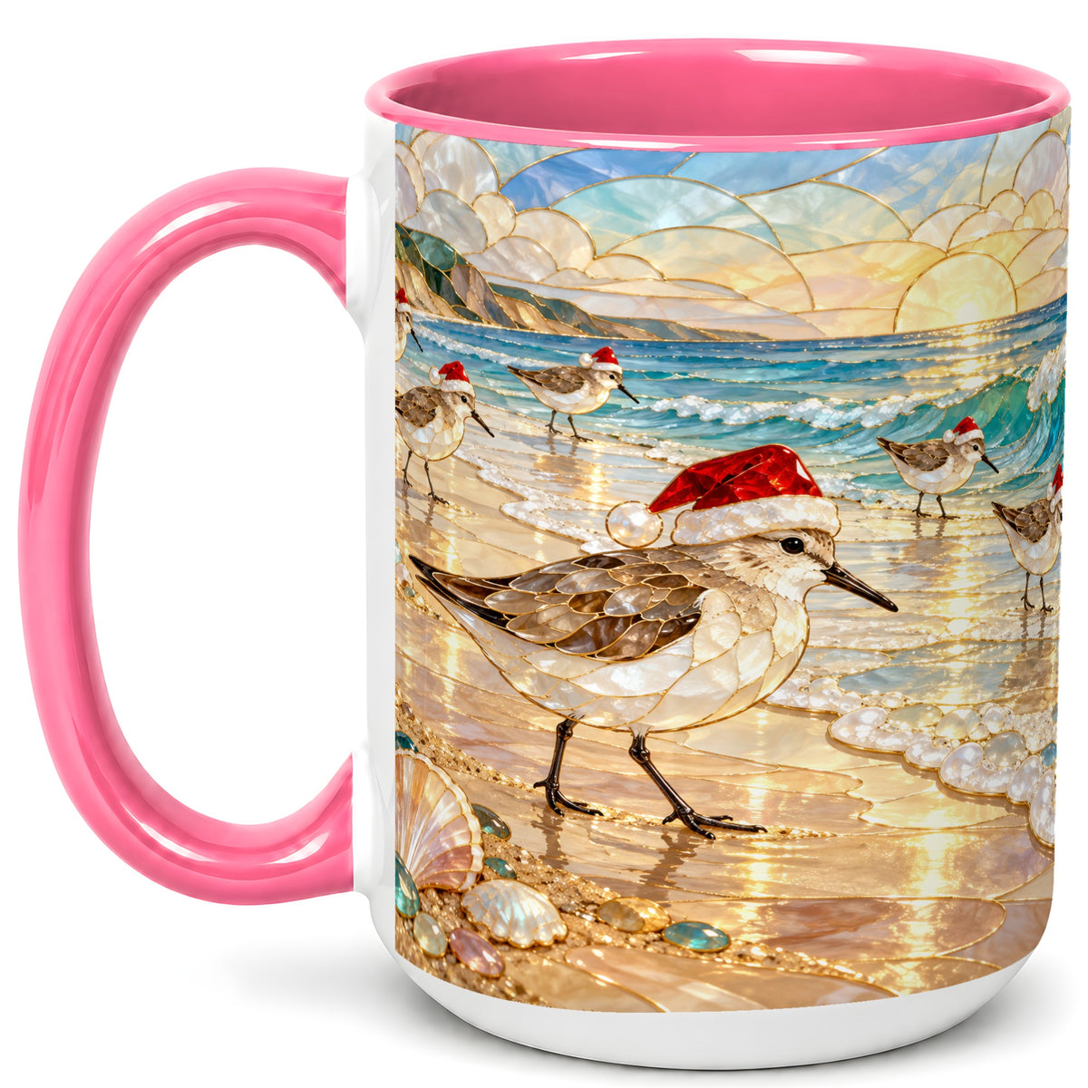 #pl[15oz|Pink] Santa Shorebird Coffee Mug, Coastal Bird Mug, Ceramic Cup