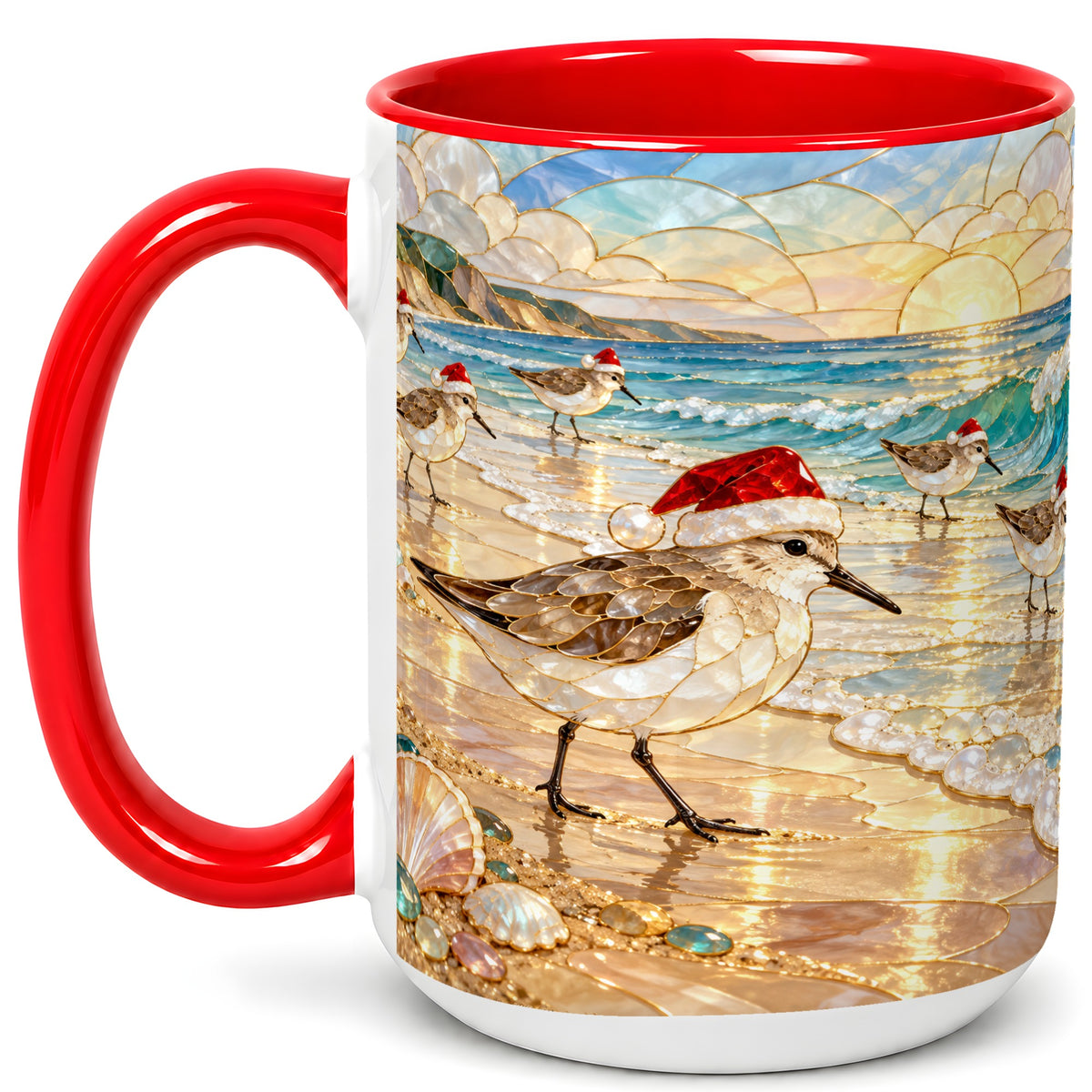 #pl[15oz|Red] Santa Shorebird Coffee Mug, Coastal Bird Mug, Ceramic Cup