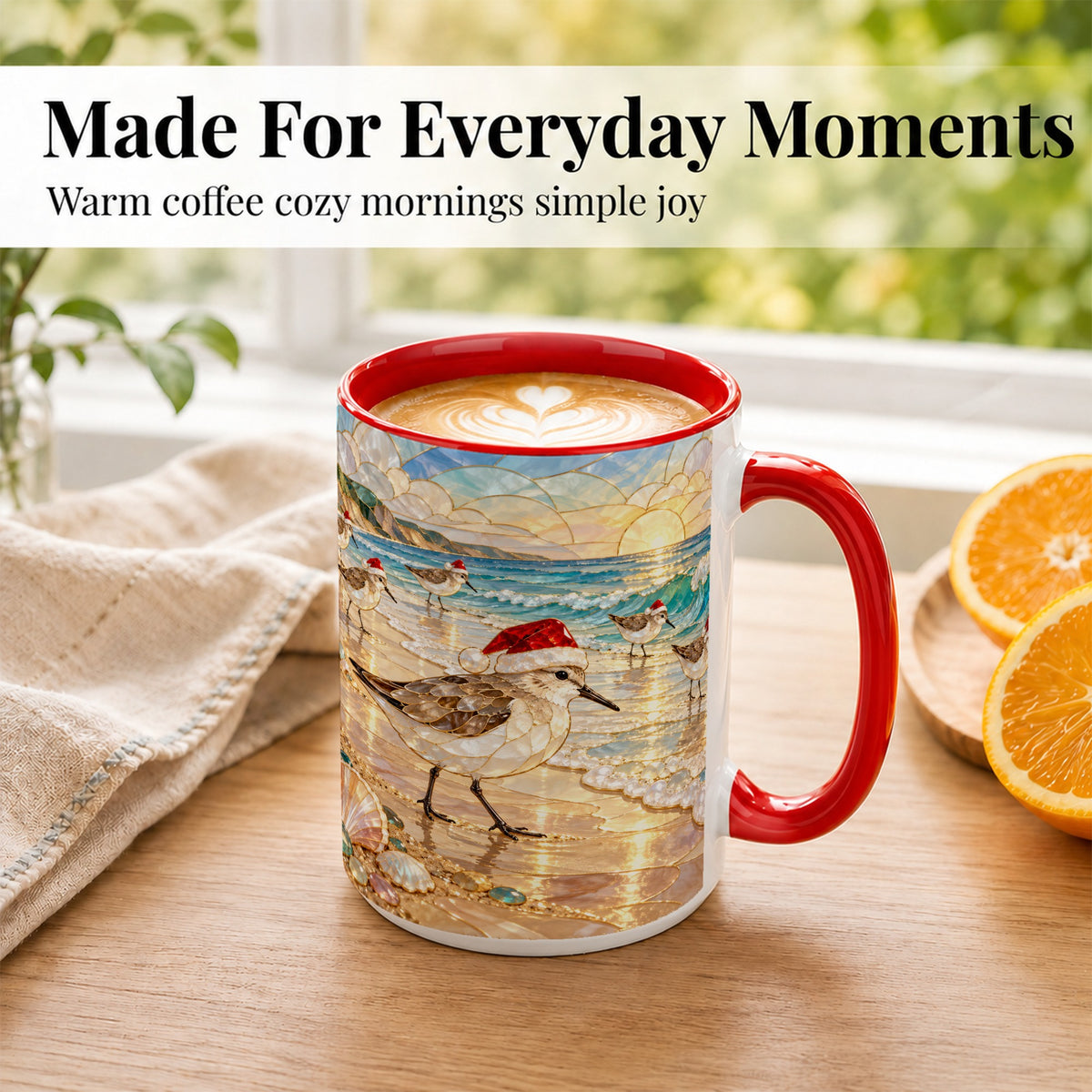 #pl[15oz|Red] Santa Shorebird Coffee Mug, Coastal Bird Mug, Ceramic Cup