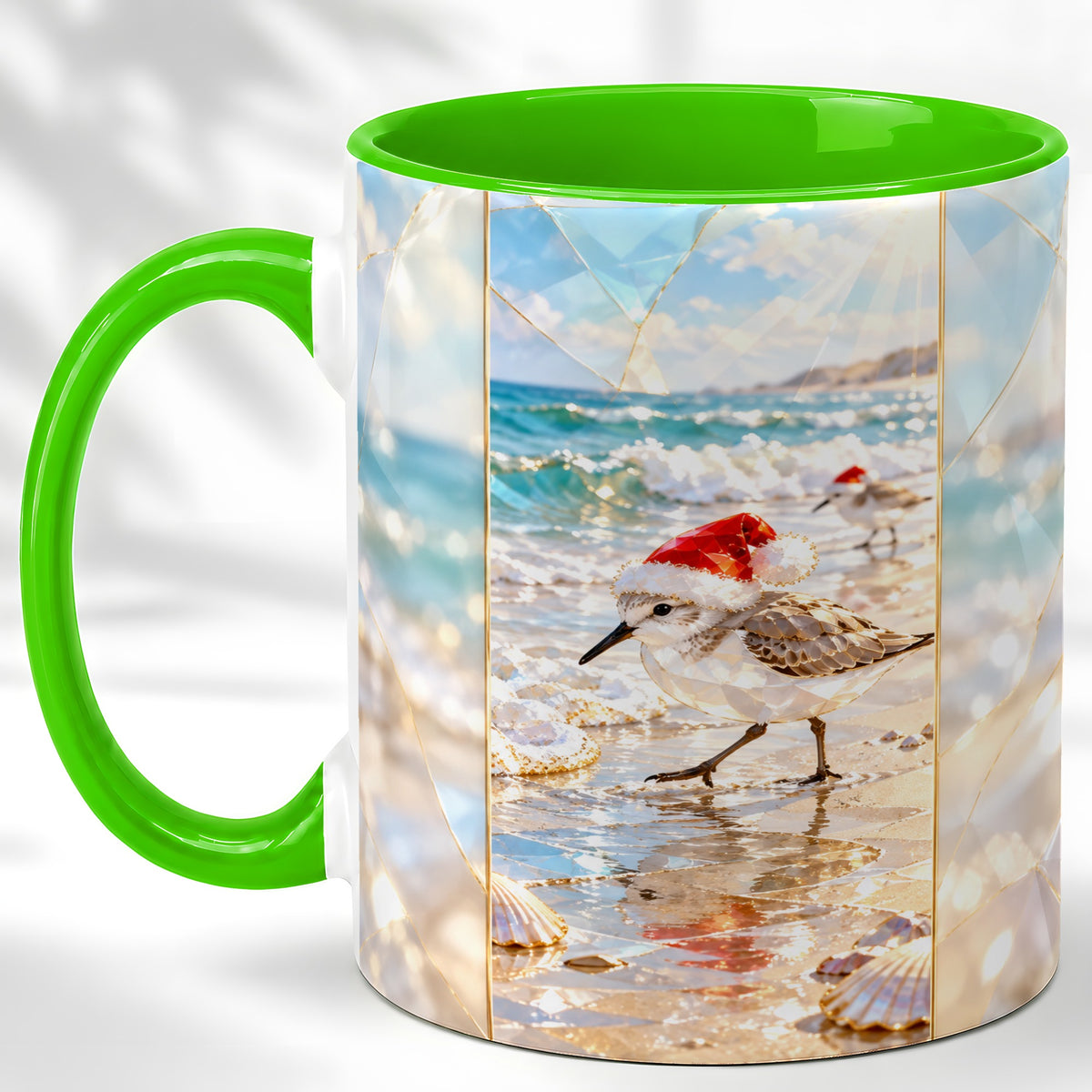 #pl[11oz|Green] Christmas Shorebird Coffee Mug, Beach Bird Mug, Ceramic Cup