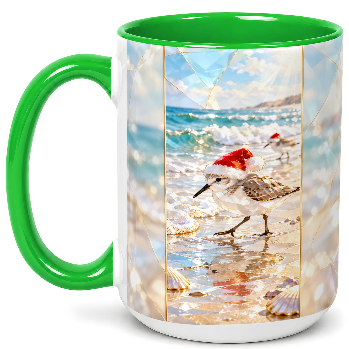 #pl[15oz|Green] Christmas Shorebird Coffee Mug, Beach Bird Mug, Ceramic Cup
