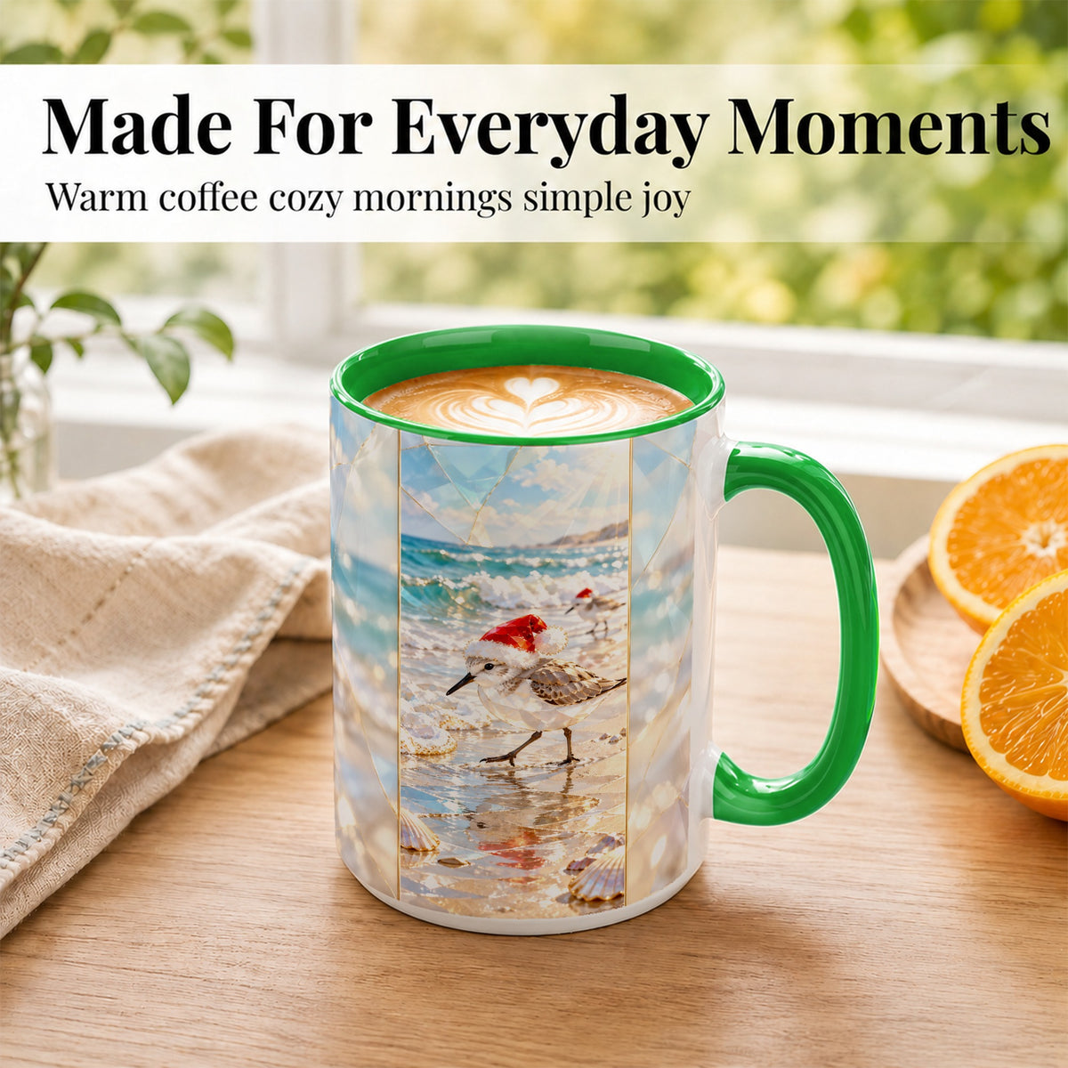 #pl[15oz|Green] Christmas Shorebird Coffee Mug, Beach Bird Mug, Ceramic Cup