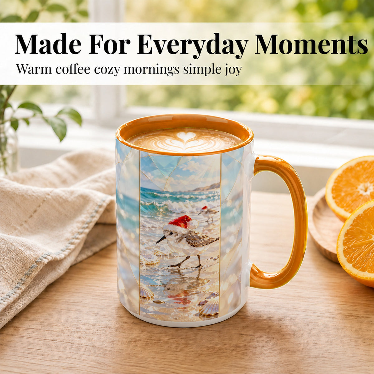 #pl[15oz|Orange] Christmas Shorebird Coffee Mug, Beach Bird Mug, Ceramic Cup
