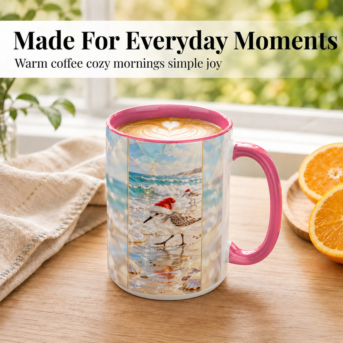 #pl[15oz|Pink] Christmas Shorebird Coffee Mug, Beach Bird Mug, Ceramic Cup