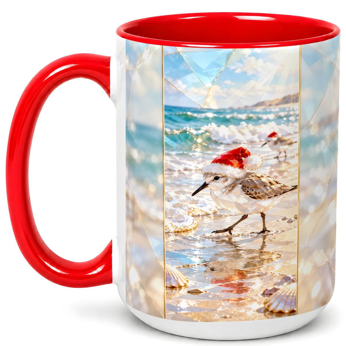 #pl[15oz|Red] Christmas Shorebird Coffee Mug, Beach Bird Mug, Ceramic Cup