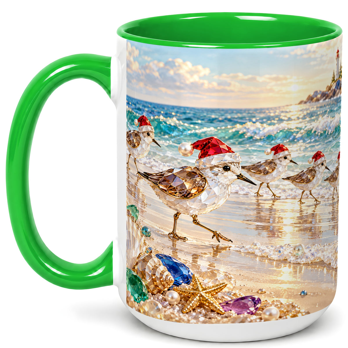 #pl[15oz|Green] Holiday Shorebird Coffee Mug, Seaside Bird Mug, Ceramic Cup