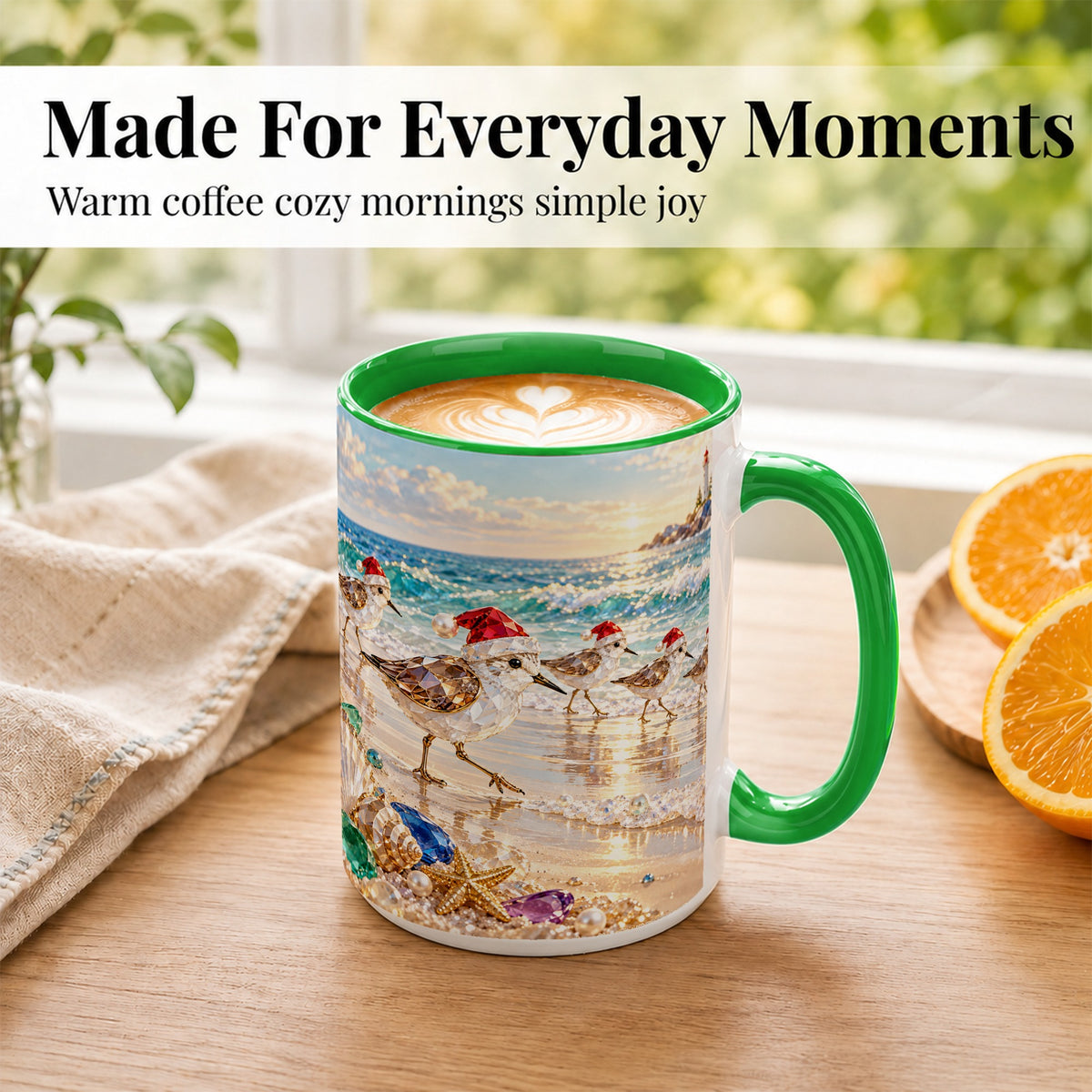 #pl[15oz|Green] Holiday Shorebird Coffee Mug, Seaside Bird Mug, Ceramic Cup