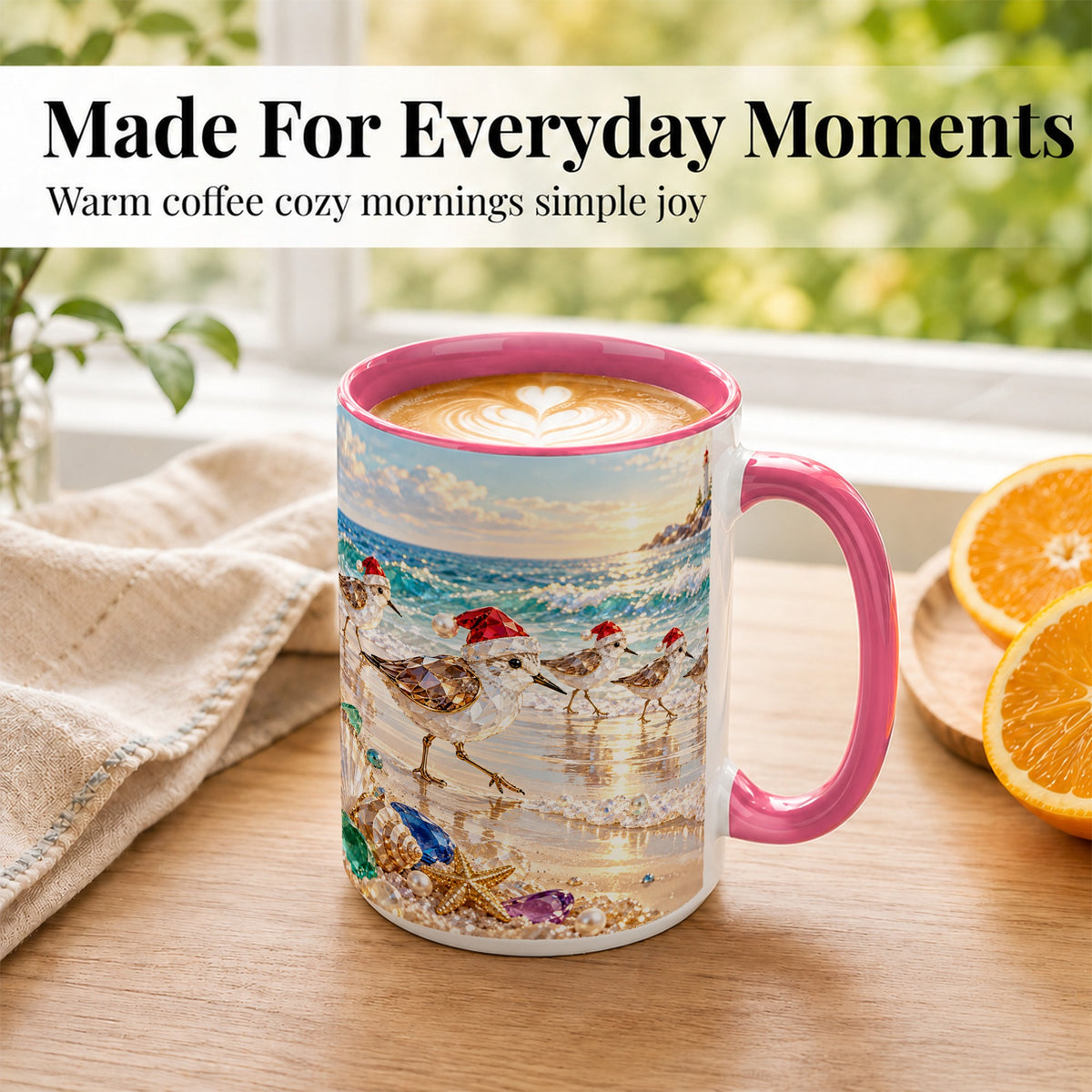 #pl[15oz|Pink] Holiday Shorebird Coffee Mug, Seaside Bird Mug, Ceramic Cup
