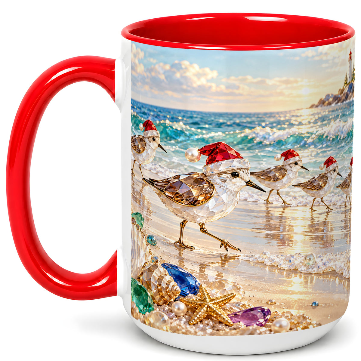 #pl[15oz|Red] Holiday Shorebird Coffee Mug, Seaside Bird Mug, Ceramic Cup