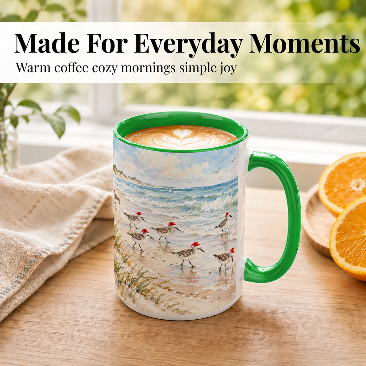 #pl[15oz|Green] Coastal Santa Bird Coffee Mug, Shorebird Mug, Ceramic Cup