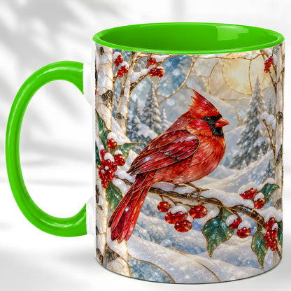 #pl[11oz|Green] Winter Cardinal Coffee Mug, Red Bird Mug, Ceramic Cup