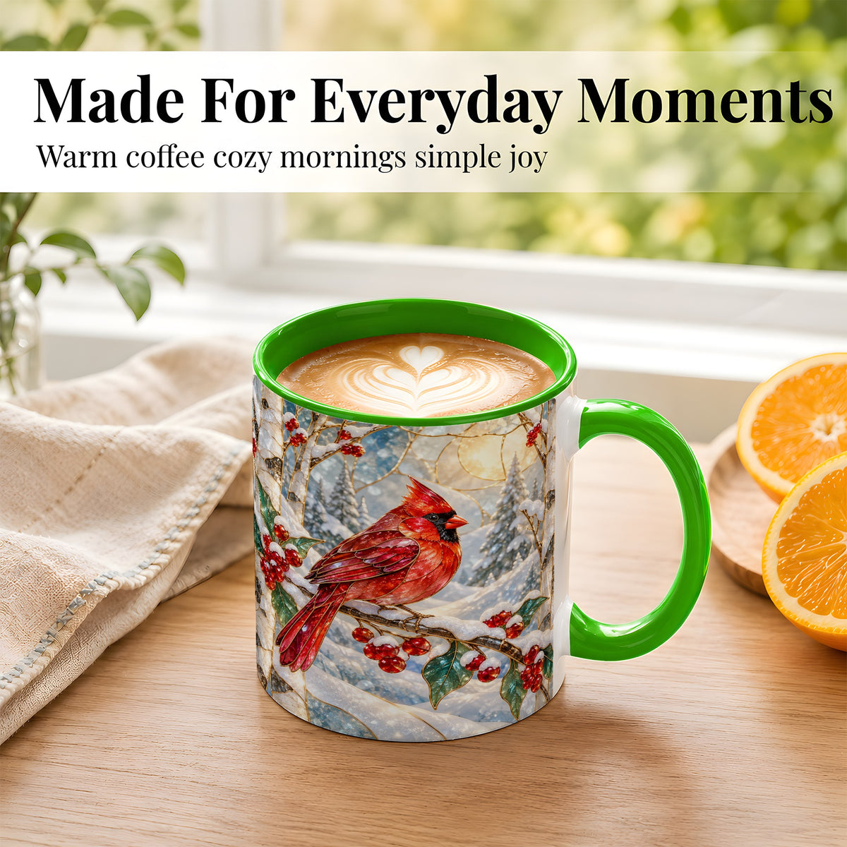 #pl[11oz|Green] Winter Cardinal Coffee Mug, Red Bird Mug, Ceramic Cup