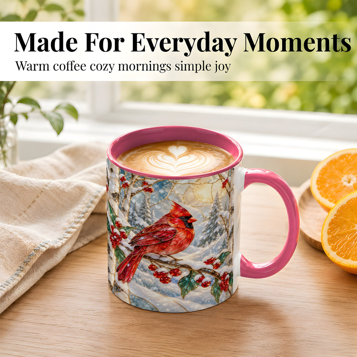 #pl[11oz|Pink] Winter Cardinal Coffee Mug, Red Bird Mug, Ceramic Cup