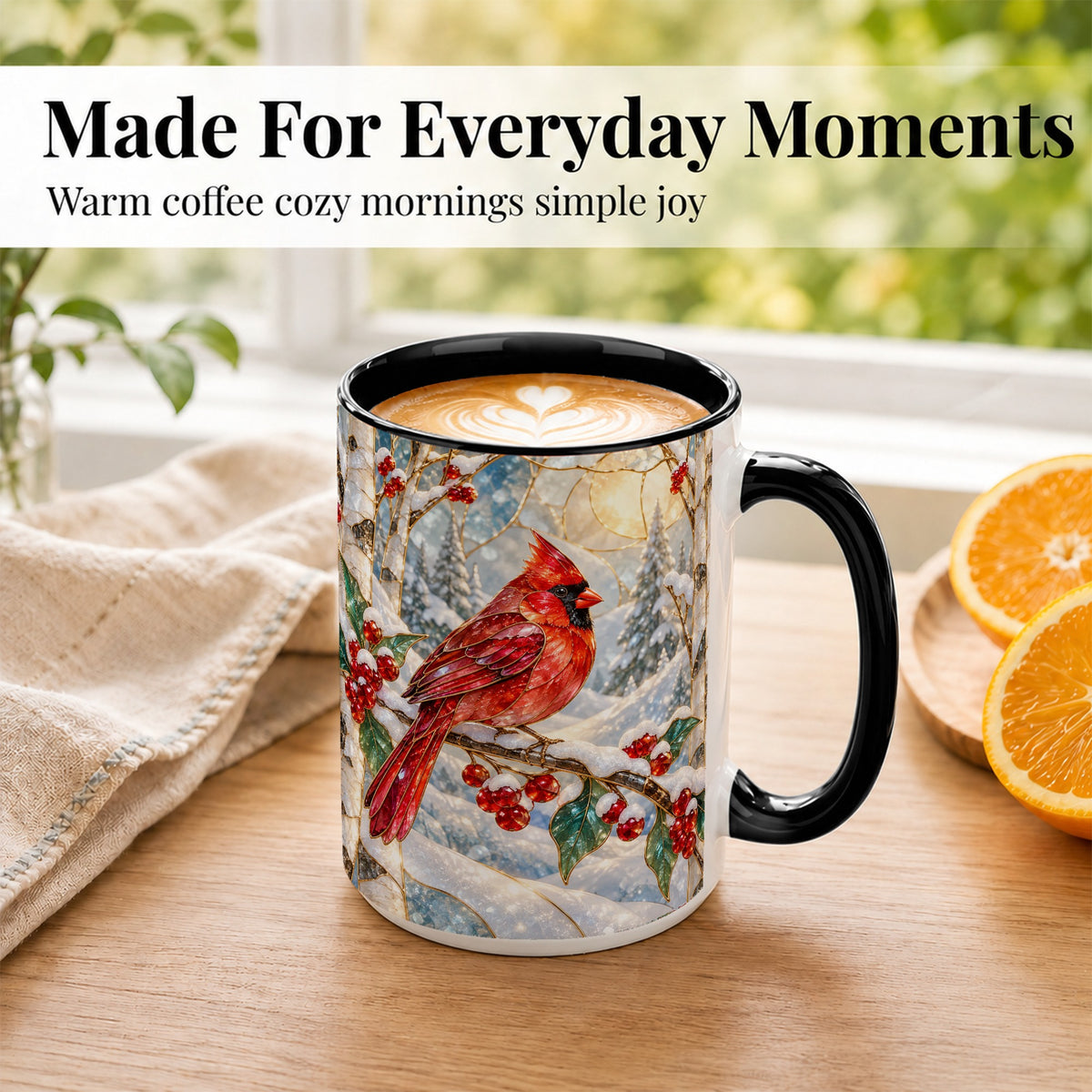 #pl[15oz|Black] Winter Cardinal Coffee Mug, Red Bird Mug, Ceramic Cup