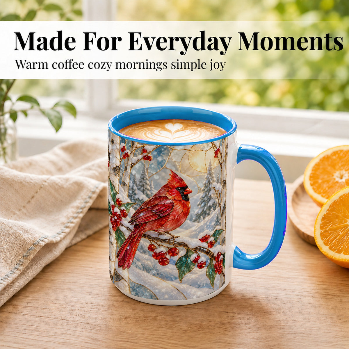#pl[15oz|Blue] Winter Cardinal Coffee Mug, Red Bird Mug, Ceramic Cup